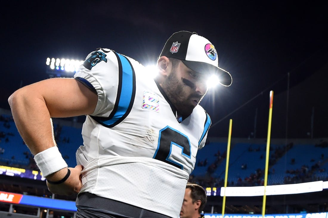 Oct 9, 2022; Charlotte, North Carolina, USA; Carolina Panthers quarterback Baker Mayfield (6) leaves the field after the game at Bank of America Stadium. Mandatory Credit: Bob Donnan-USA TODAY Sports