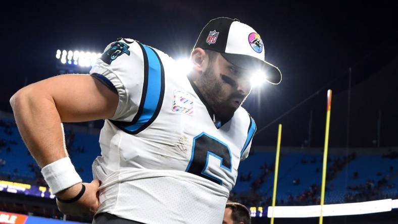 Oct 9, 2022; Charlotte, North Carolina, USA; Carolina Panthers quarterback Baker Mayfield (6) leaves the field after the game at Bank of America Stadium. Mandatory Credit: Bob Donnan-USA TODAY Sports