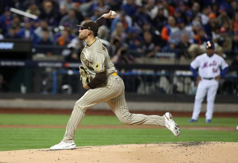 Oct 9, 2022; New York City, New York, USA; San Diego Padres starting pitcher Joe Musgrove (44) throws a pitch during the first inning in game three of the Wild Card series for the 2022 MLB Playoffs at Citi Field. Mandatory Credit: Wendell Cruz-USA TODAY Sports
