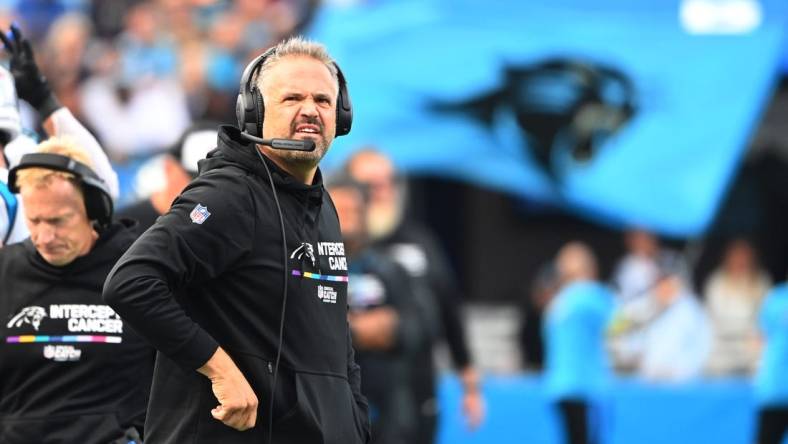 Oct 9, 2022; Charlotte, North Carolina, USA; Carolina Panthers head coach Matt Rhule on the sidelines in the third quarter at Bank of America Stadium. Mandatory Credit: Bob Donnan-USA TODAY Sports