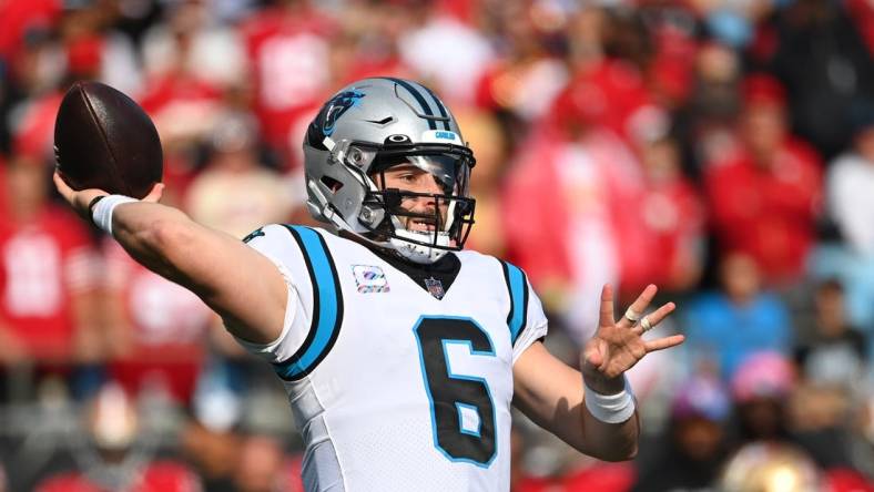 Oct 9, 2022; Charlotte, North Carolina, USA; Carolina Panthers quarterback Baker Mayfield (6) passes the ball in the first quarter at Bank of America Stadium. Mandatory Credit: Bob Donnan-USA TODAY Sports