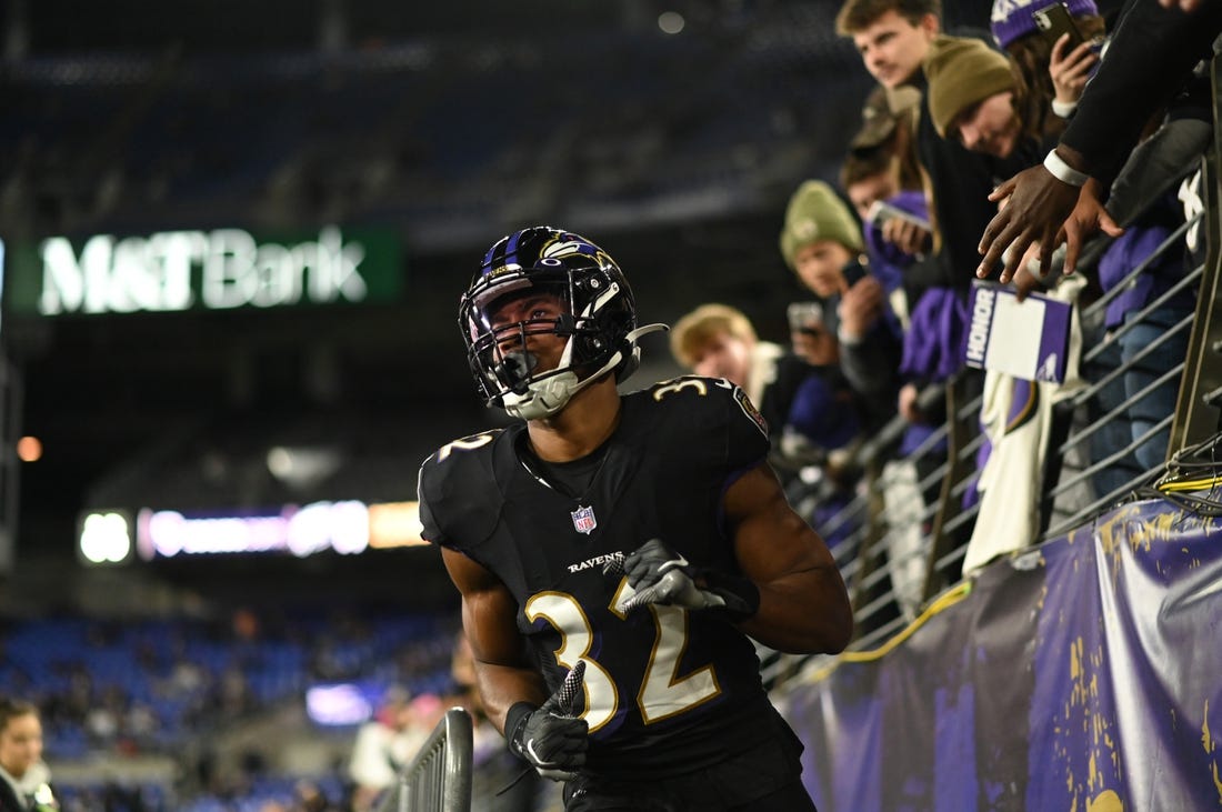 Oct 9, 2022; Baltimore, Maryland, USA;  Baltimore Ravens safety Marcus Williams (32) before the game against the Cincinnati Bengals at M&T Bank Stadium. Mandatory Credit: Tommy Gilligan-USA TODAY Sports