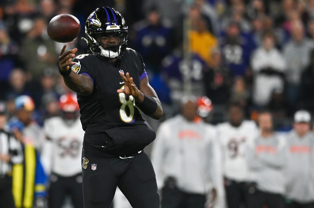 Oct 9, 2022; Baltimore, Maryland, USA;  Baltimore Ravens quarterback Lamar Jackson (8) throws during the first quarter against the Cincinnati Bengals at M&T Bank Stadium. Mandatory Credit: Tommy Gilligan-USA TODAY Sports