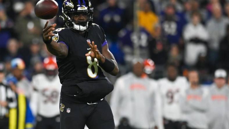 Oct 9, 2022; Baltimore, Maryland, USA;  Baltimore Ravens quarterback Lamar Jackson (8) throws during the first quarter against the Cincinnati Bengals at M&T Bank Stadium. Mandatory Credit: Tommy Gilligan-USA TODAY Sports