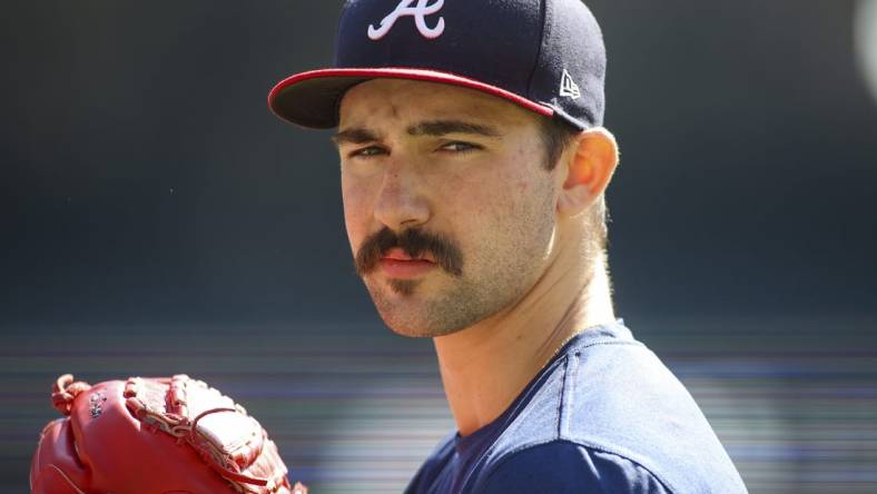 Oct 10, 2022; Atlanta, Georgia, USA; Atlanta Braves starting pitcher Spencer Strider (65) during a team workout for the NLDS at Truist Park. Mandatory Credit: Brett Davis-USA TODAY Sports