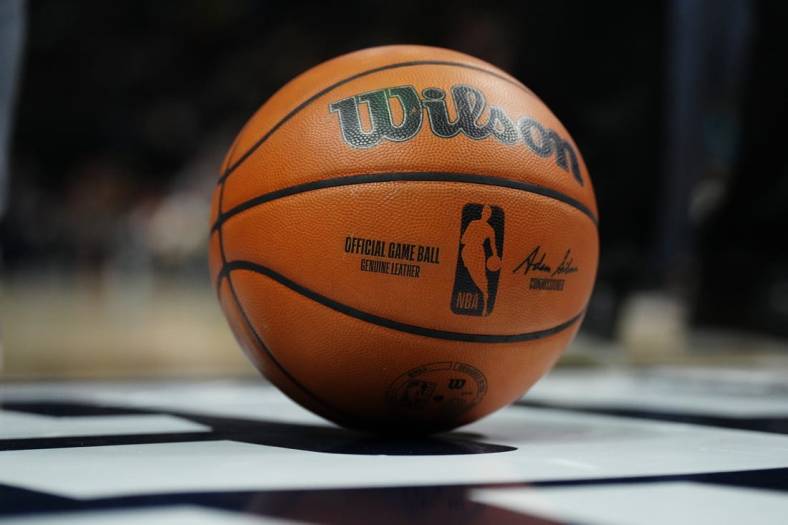 Oct 10, 2022; Denver, Colorado, USA; Detailed view of a NBA Wilson basketball on the court of Ball Arena during the game between the Phoenix Suns against the Denver Nuggets. Mandatory Credit: Ron Chenoy-USA TODAY Sports