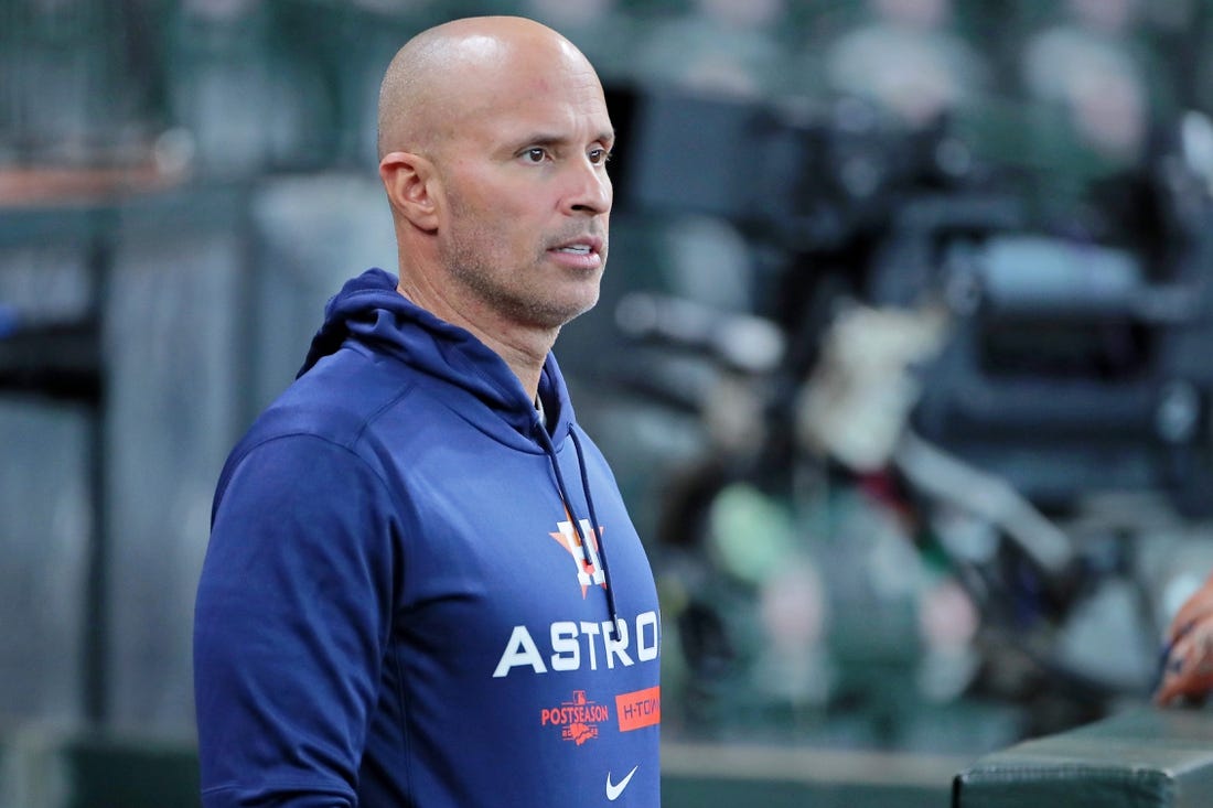 Oct 11, 2022; Houston, Texas, USA; Houston Astros bench coach Joe Espada (19) looks on before game one of the ALDS for the 2022 MLB Playoffs against the Seattle Mariners at Minute Maid Park. Mandatory Credit: Erik Williams-USA TODAY Sports