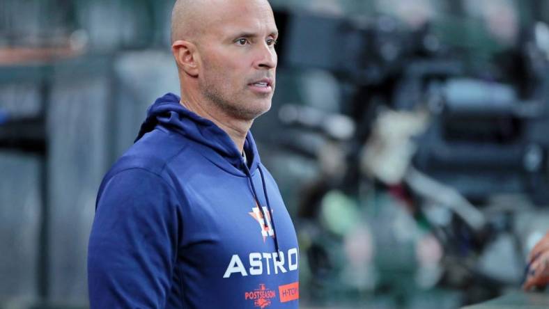 Oct 11, 2022; Houston, Texas, USA; Houston Astros bench coach Joe Espada (19) looks on before game one of the ALDS for the 2022 MLB Playoffs against the Seattle Mariners at Minute Maid Park. Mandatory Credit: Erik Williams-USA TODAY Sports