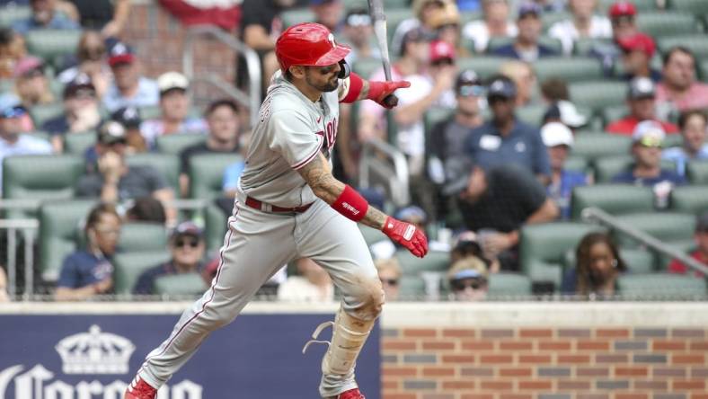 Oct 11, 2022; Atlanta, Georgia, USA; Philadelphia Phillies right fielder Nick Castellanos (8) hits a two-run single against the Atlanta Braves in the fourth inning during game one of the NLDS for the 2022 MLB Playoffs at Truist Park. Mandatory Credit: Brett Davis-USA TODAY Sports