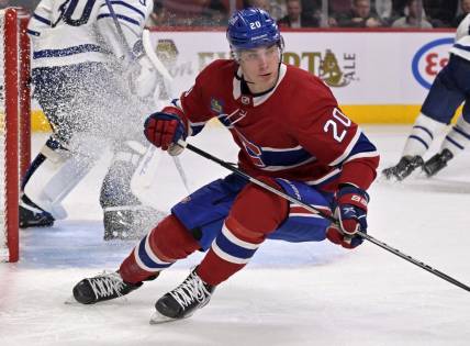 Oct 12, 2022; Montreal, Quebec, CAN; Montreal Canadiens forward Juraj Slafkovsky (20) during the second period of the game against the Toronto Maple Leafs at the Bell Centre. Mandatory Credit: Eric Bolte-USA TODAY Sports