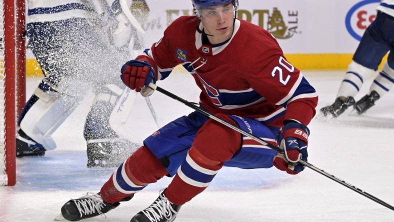 Oct 12, 2022; Montreal, Quebec, CAN; Montreal Canadiens forward Juraj Slafkovsky (20) during the second period of the game against the Toronto Maple Leafs at the Bell Centre. Mandatory Credit: Eric Bolte-USA TODAY Sports