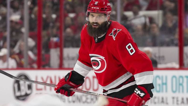 Oct 12, 2022; Raleigh, North Carolina, USA; Carolina Hurricanes defenseman Brent Burns (8) looks on against the Columbus Blue Jackets during the first period at PNC Arena. Mandatory Credit: James Guillory-USA TODAY Sports