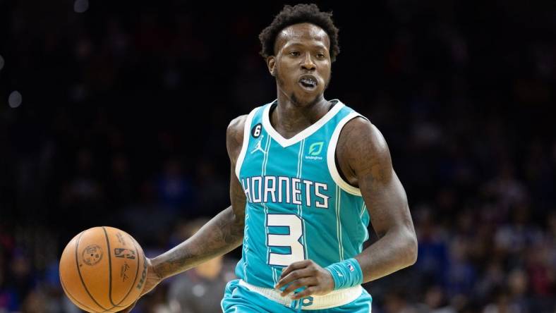 Oct 12, 2022; Philadelphia, Pennsylvania, USA; Charlotte Hornets guard Terry Rozier (3) in action against the Philadelphia 76ers during the first quarter at Wells Fargo Center. Mandatory Credit: Bill Streicher-USA TODAY Sports