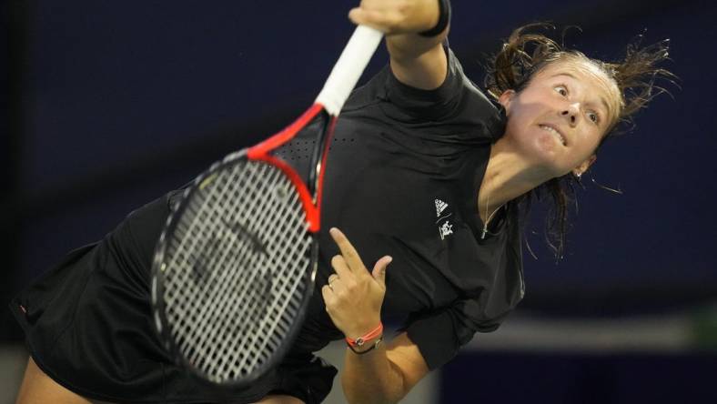 Oct 13, 2022; San Diego, California, US;  Daria Kasatkina  serves to Madison Keys of the United States during the San Diego Open at Barnes Tennis Center. Mandatory Credit: Ray Acevedo-USA TODAY Sports