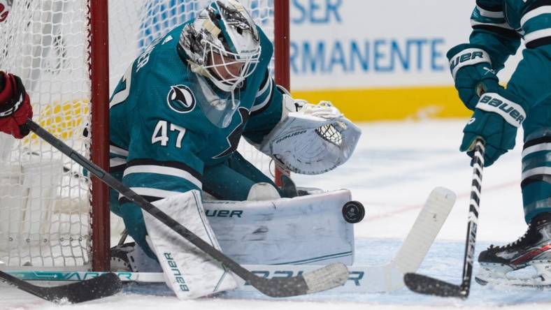 Oct 14, 2022; San Jose, California, USA;  San Jose Sharks goaltender James Reimer (47) defends the goal during the first period against the Carolina Hurricanes at SAP Center at San Jose. Mandatory Credit: Stan Szeto-USA TODAY Sports