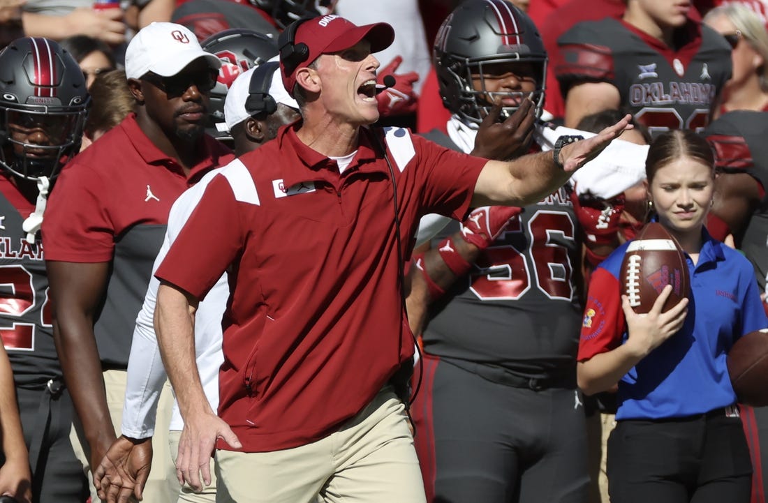 Oct 15, 2022; Norman, Oklahoma, USA;  Oklahoma Sooners head coach Brent Venables reacts during the first half against the Kansas Jayhawks at Gaylord Family-Oklahoma Memorial Stadium. Mandatory Credit: Kevin Jairaj-USA TODAY Sports