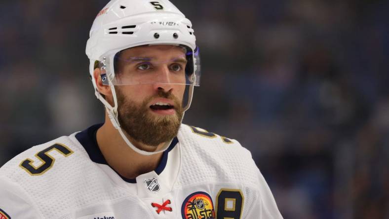 Oct 15, 2022; Buffalo, New York, USA;  Florida Panthers defenseman Aaron Ekblad (5) during a stoppage in play in the first period against the Buffalo Sabres at KeyBank Center. Mandatory Credit: Timothy T. Ludwig-USA TODAY Sports