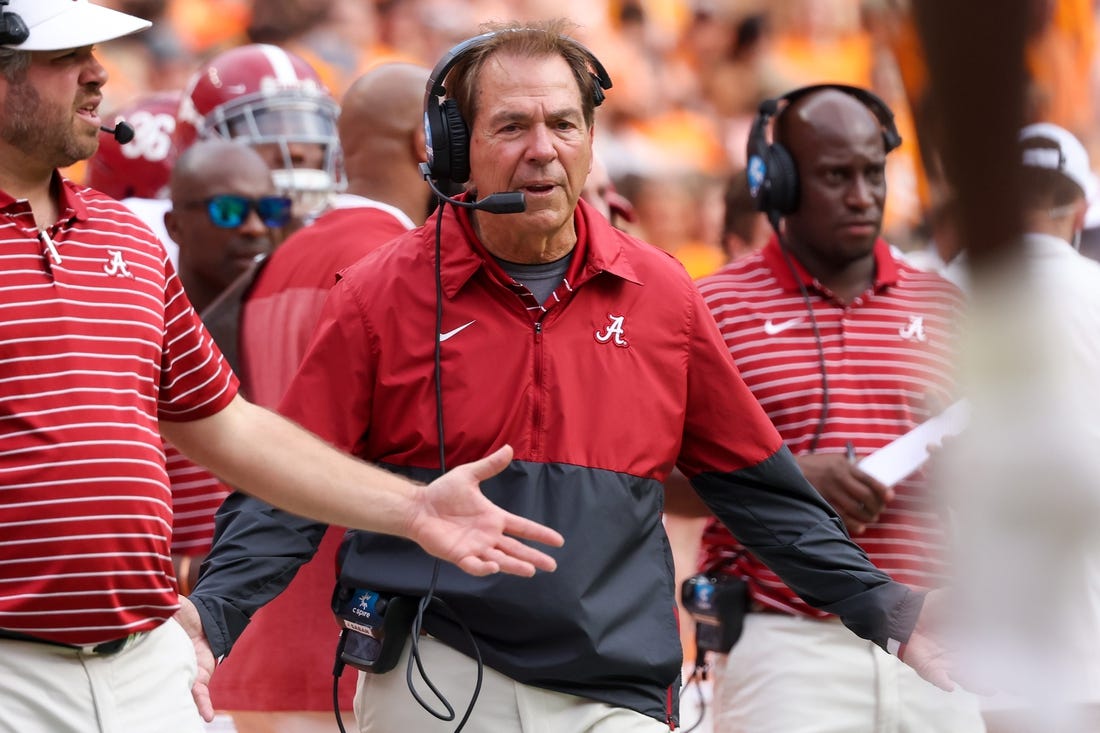 Oct 15, 2022; Knoxville, Tennessee, USA; Alabama Crimson Tide head coach Nick Saban reacts during the first half against the Tennessee Volunteers at Neyland Stadium. Mandatory Credit: Randy Sartin-USA TODAY Sports