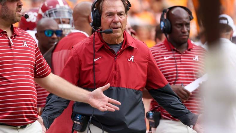 Oct 15, 2022; Knoxville, Tennessee, USA; Alabama Crimson Tide head coach Nick Saban reacts during the first half against the Tennessee Volunteers at Neyland Stadium. Mandatory Credit: Randy Sartin-USA TODAY Sports