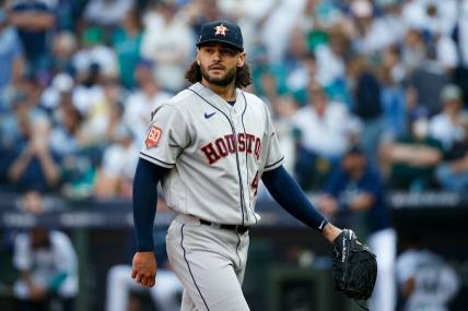 Oct 15, 2022; Seattle, Washington, USA; Houston Astros starting pitcher Lance McCullers Jr. (43) walks to the dugout at the end of the sixth inning against the Seattle Mariners during game three of the ALDS for the 2022 MLB Playoffs at T-Mobile Park. Mandatory Credit: Joe Nicholson-USA TODAY Sports