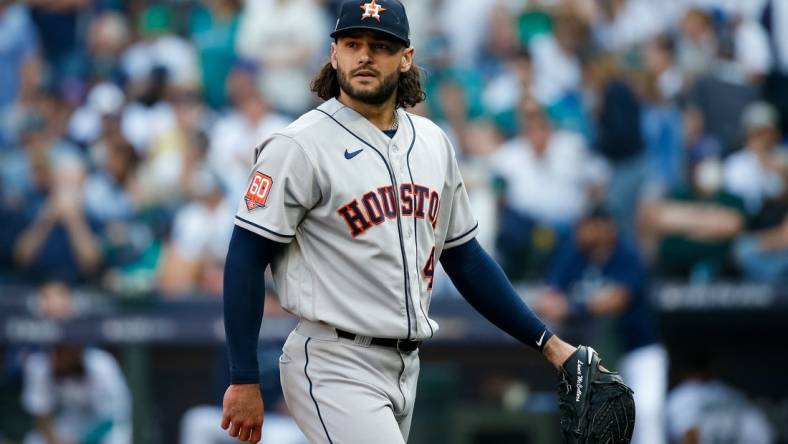 Oct 15, 2022; Seattle, Washington, USA; Houston Astros starting pitcher Lance McCullers Jr. (43) walks to the dugout at the end of the sixth inning against the Seattle Mariners during game three of the ALDS for the 2022 MLB Playoffs at T-Mobile Park. Mandatory Credit: Joe Nicholson-USA TODAY Sports