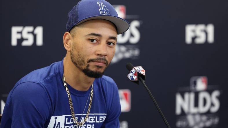 Oct 15, 2022; San Diego, California, USA; Los Angeles Dodgers right fielder Mookie Betts (50) speaks to the press before the game against the San Diego Padres on game four of the NLDS for the 2022 MLB Playoffs at Petco Park. Mandatory Credit: Kiyoshi Mio-USA TODAY Sports