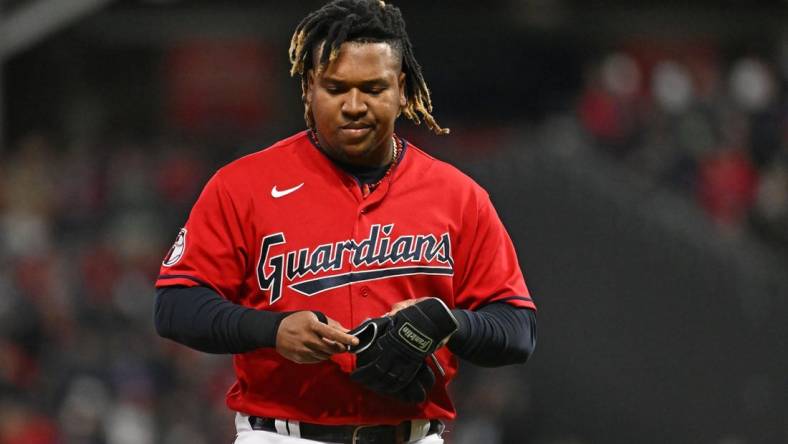 Oct 15, 2022; Cleveland, Ohio, USA; Cleveland Guardians third baseman Jose Ramirez (11) reacts after striking out against the New York Yankees in the fifth inning during game three of the NLDS for the 2022 MLB Playoffs at Progressive Field. Mandatory Credit: Ken Blaze-USA TODAY Sports