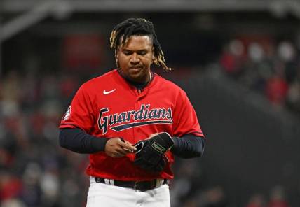 Oct 15, 2022; Cleveland, Ohio, USA; Cleveland Guardians third baseman Jose Ramirez (11) reacts after striking out against the New York Yankees in the fifth inning during game three of the NLDS for the 2022 MLB Playoffs at Progressive Field. Mandatory Credit: Ken Blaze-USA TODAY Sports