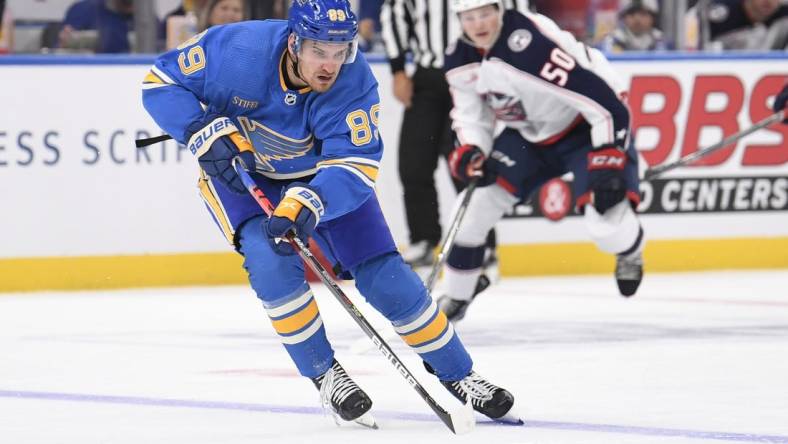 Oct 15, 2022; St. Louis, Missouri, USA; St. Louis Blues left wing Pavel Buchnevich (89) skates against the Columbus Blue Jackets during the second period at Enterprise Center. Mandatory Credit: Jeff Le-USA TODAY Sports