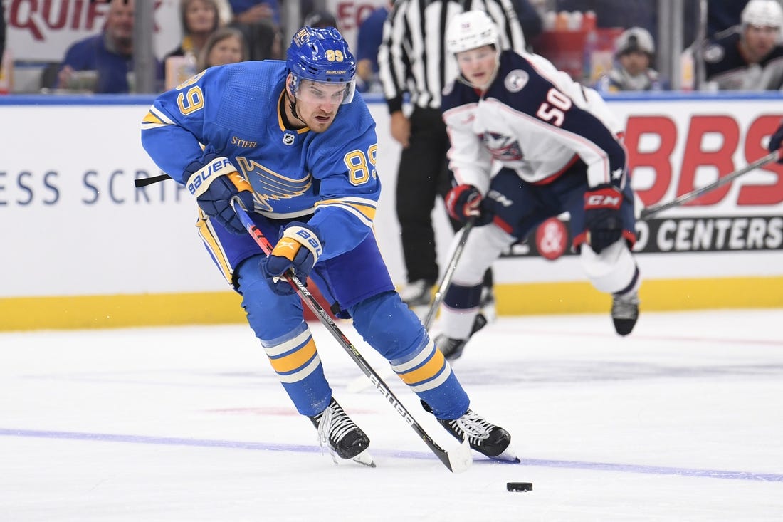 Oct 15, 2022; St. Louis, Missouri, USA; St. Louis Blues left wing Pavel Buchnevich (89) skates against the Columbus Blue Jackets during the second period at Enterprise Center. Mandatory Credit: Jeff Le-USA TODAY Sports