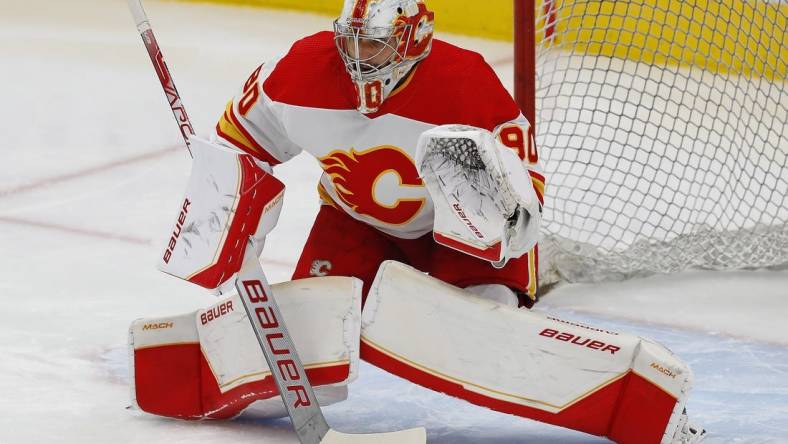 Oct 15, 2022; Edmonton, Alberta, CAN; Calgary Flames goaltender Dan Vladar (80) makes a save during warmup against the Edmonton Oilers at Rogers Place. Mandatory Credit: Perry Nelson-USA TODAY Sports