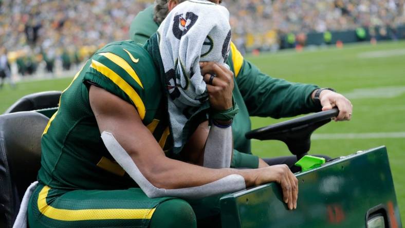 Green Bay Packers wide receiver Randall Cobb (18) is carted off the field in the third quarter against the New York Jets during their football game Sunday, October 16, at Lambeau Field in Green Bay, Wis. Dan Powers/USA TODAY NETWORK-Wisconsin

Apc Packvsjets 1016221995djp