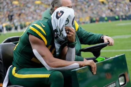 Green Bay Packers wide receiver Randall Cobb (18) is carted off the field in the third quarter against the New York Jets during their football game Sunday, October 16, at Lambeau Field in Green Bay, Wis. Dan Powers/USA TODAY NETWORK-Wisconsin

Apc Packvsjets 1016221995djp