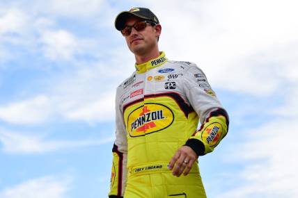 Oct 16, 2022; Las Vegas, Nevada, USA; NASCAR Cup Series driver Joey Logano (22) before the South Point 400 at Las Vegas Motor Speedway. Mandatory Credit: Gary A. Vasquez-USA TODAY Sports