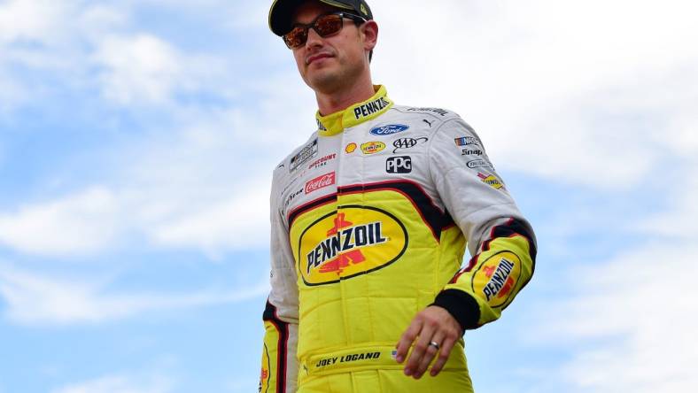 Oct 16, 2022; Las Vegas, Nevada, USA; NASCAR Cup Series driver Joey Logano (22) before the South Point 400 at Las Vegas Motor Speedway. Mandatory Credit: Gary A. Vasquez-USA TODAY Sports