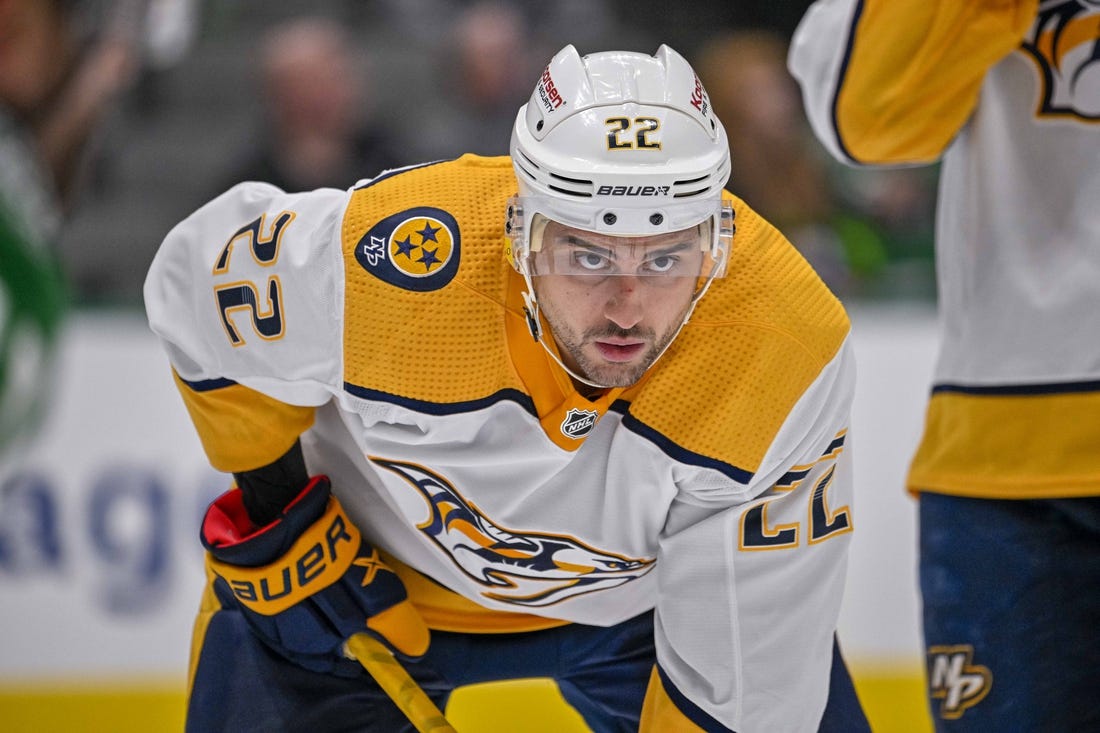 Oct 15, 2022; Dallas, Texas, USA; Nashville Predators right wing Nino Niederreiter (22) in action during the game between the Dallas Stars and the Nashville Predators at the American Airlines Center. Mandatory Credit: Jerome Miron-USA TODAY Sports