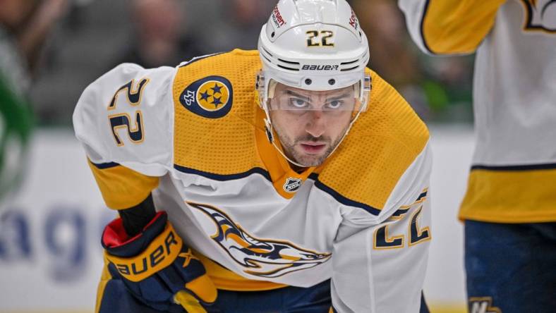 Oct 15, 2022; Dallas, Texas, USA; Nashville Predators right wing Nino Niederreiter (22) in action during the game between the Dallas Stars and the Nashville Predators at the American Airlines Center. Mandatory Credit: Jerome Miron-USA TODAY Sports