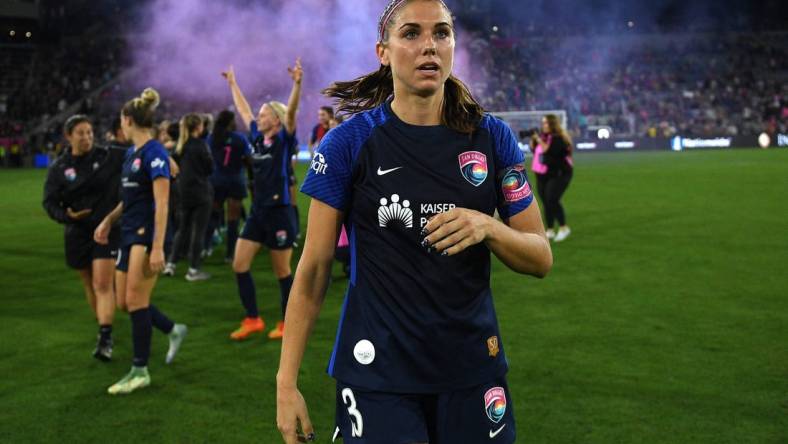 Oct 16, 2022; San Diego, California, USA; San Diego Wave FC forward Alex Morgan (13) looks on after the game against the Chicago Red Stars at Snapdragon Stadium. Mandatory Credit: Orlando Ramirez-USA TODAY Sports