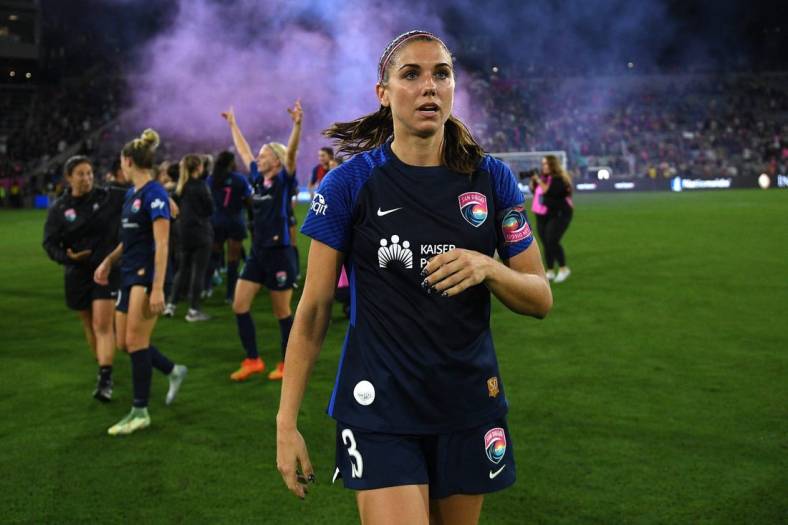 Oct 16, 2022; San Diego, California, USA; San Diego Wave FC forward Alex Morgan (13) looks on after the game against the Chicago Red Stars at Snapdragon Stadium. Mandatory Credit: Orlando Ramirez-USA TODAY Sports