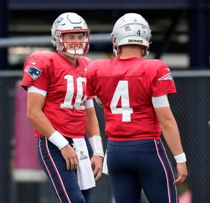 Patriot QB  s #10 Mack Jones and #4 Bailey Zappe share a laugh at practice today.

CP 1