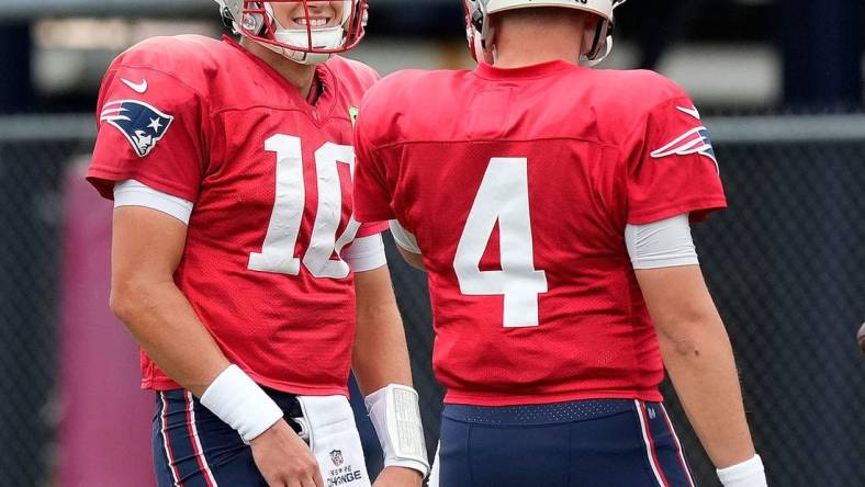 Patriot QB  s #10 Mack Jones and #4 Bailey Zappe share a laugh at practice today.

CP 1