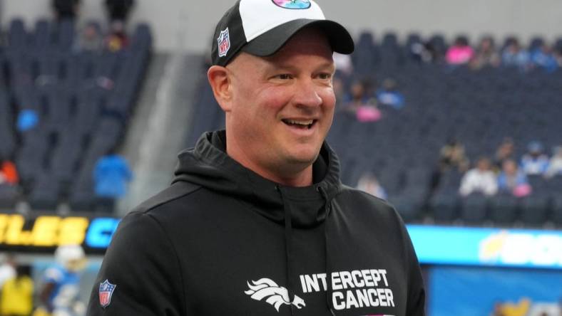 Oct 17, 2022; Inglewood, California, USA; Denver Broncos head coach Nathaniel Hackett reacts during the game against the Los Angeles Chargers at SoFi Stadium. Mandatory Credit: Kirby Lee-USA TODAY Sports