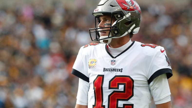 Oct 16, 2022; Pittsburgh, Pennsylvania, USA;  Tampa Bay Buccaneers quarterback Tom Brady (12) against the Pittsburgh Steelers during the fourth quarter at Acrisure Stadium. Mandatory Credit: Charles LeClaire-USA TODAY Sports