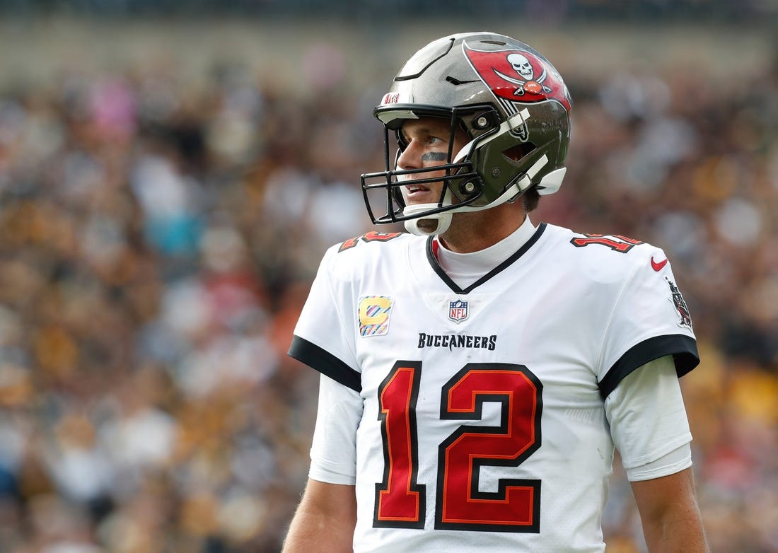 Oct 16, 2022; Pittsburgh, Pennsylvania, USA;  Tampa Bay Buccaneers quarterback Tom Brady (12) against the Pittsburgh Steelers during the fourth quarter at Acrisure Stadium. Mandatory Credit: Charles LeClaire-USA TODAY Sports