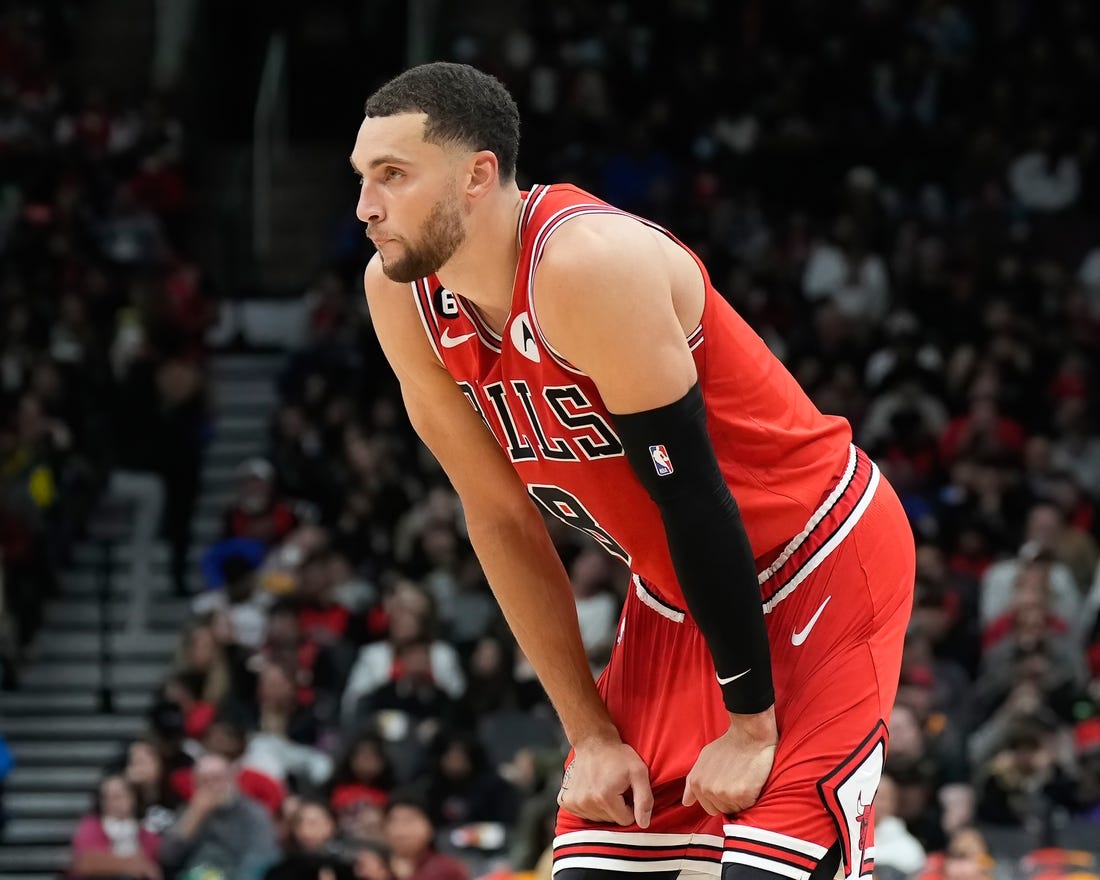 Oct 9, 2022; Toronto, Ontario, CAN; Chicago Bulls guard Zach LaVine (8) looks on against the Toronto Raptors during the first half at Scotiabank Arena. Mandatory Credit: Kevin Sousa-USA TODAY Sports