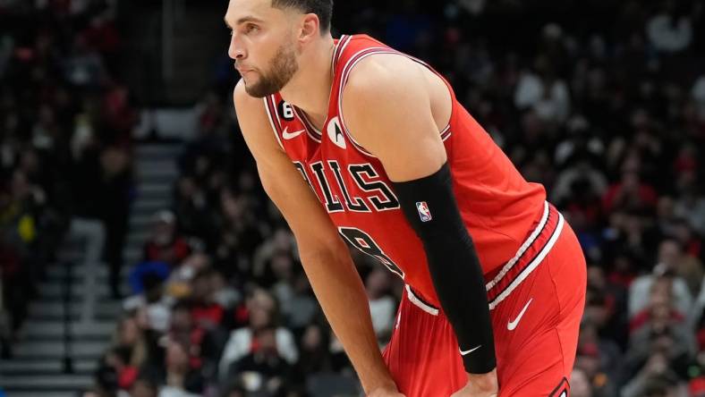 Oct 9, 2022; Toronto, Ontario, CAN; Chicago Bulls guard Zach LaVine (8) looks on against the Toronto Raptors during the first half at Scotiabank Arena. Mandatory Credit: Kevin Sousa-USA TODAY Sports