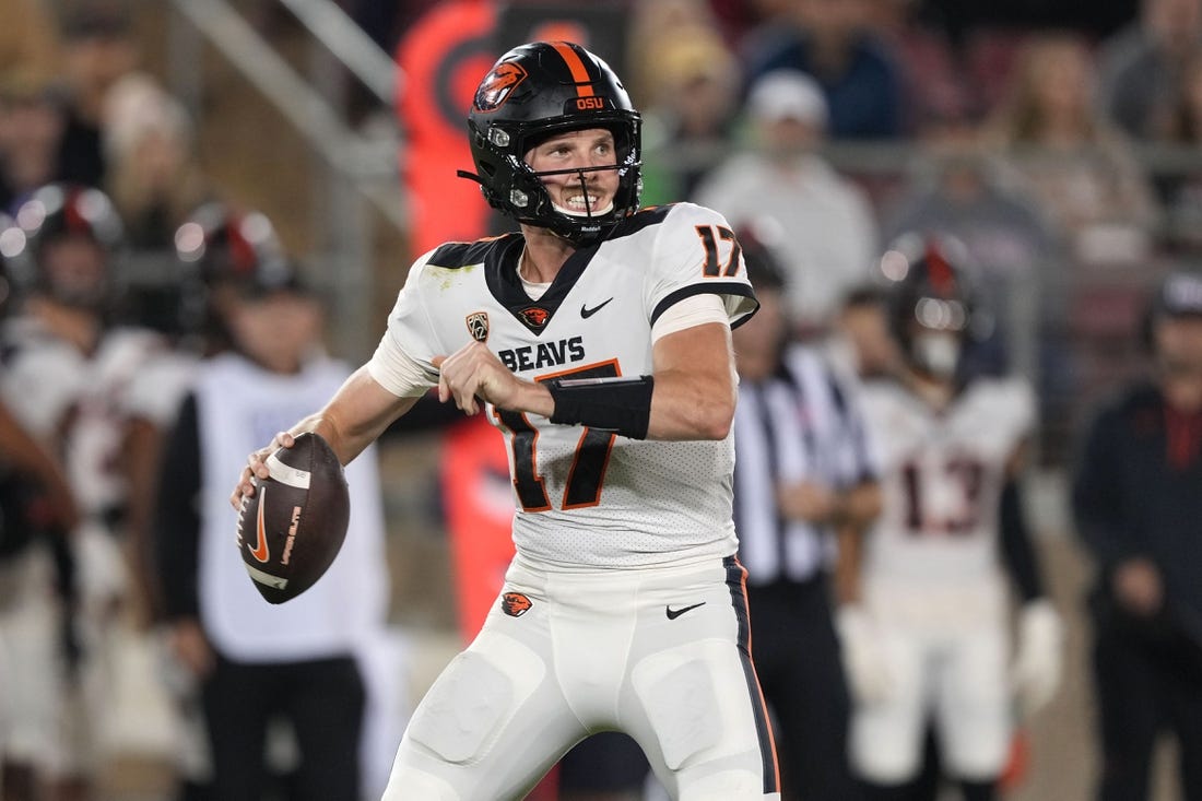 Oct 8, 2022; Stanford, California, USA; Oregon State Beavers quarterback Ben Gulbranson (17) passes against the Stanford Cardinal during the second quarter at Stanford Stadium. Mandatory Credit: Darren Yamashita-USA TODAY Sports