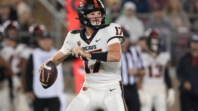 Oct 8, 2022; Stanford, California, USA; Oregon State Beavers quarterback Ben Gulbranson (17) passes against the Stanford Cardinal during the second quarter at Stanford Stadium. Mandatory Credit: Darren Yamashita-USA TODAY Sports