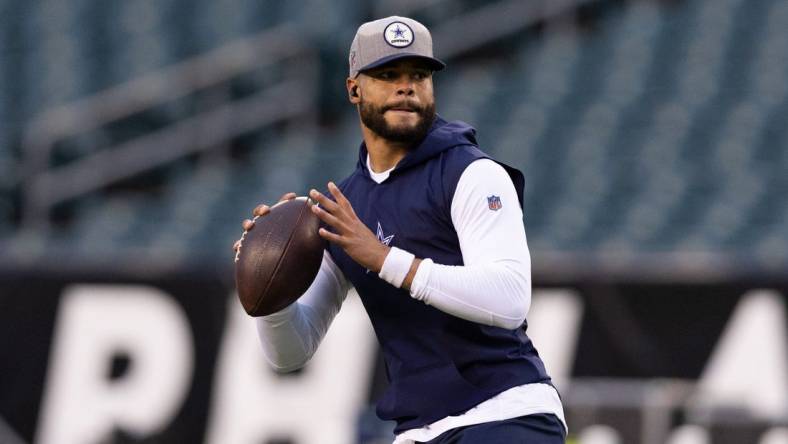 Oct 16, 2022; Philadelphia, Pennsylvania, USA; Dallas Cowboys quarterback Dak Prescott before a game against the Philadelphia Eagles at Lincoln Financial Field. Mandatory Credit: Bill Streicher-USA TODAY Sports