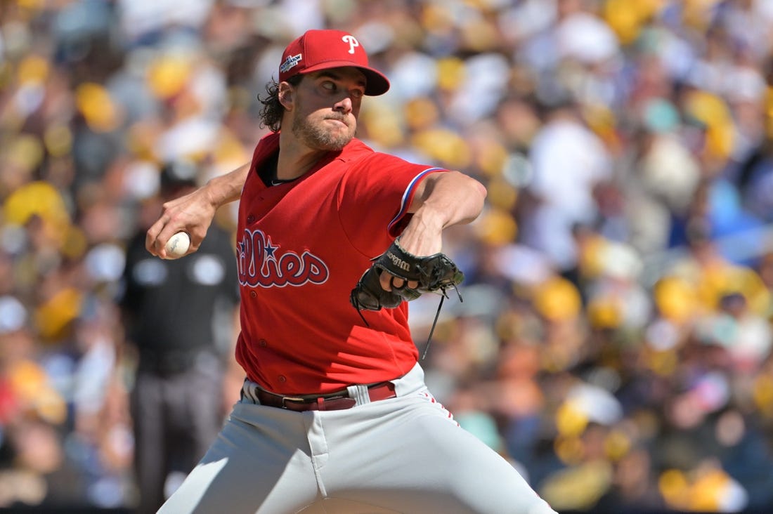 Oct 19, 2022; San Diego, California, USA; Philadelphia Phillies starting pitcher Aaron Nola (27) throws  pitch in the first inning against the San Diego Padres during game two of the NLCS for the 2022 MLB Playoffs at Petco Park. Mandatory Credit: Jayne Kamin-Oncea-USA TODAY Sports